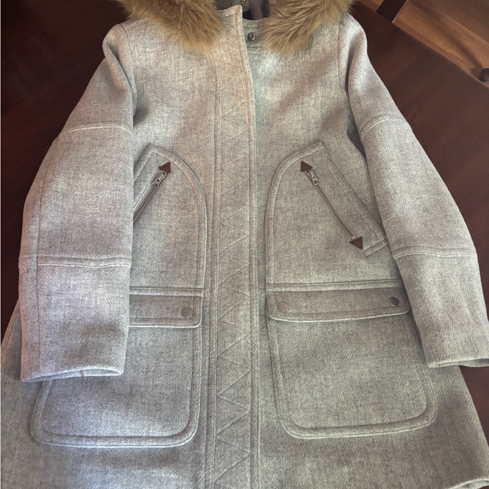 J. Crew Light Gray Stadium Coat zipper and snaps!